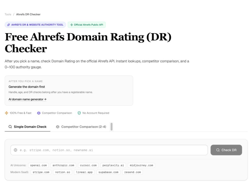 NewName.ai 免费 Ahrefs DR 查看器界面(整理日截图)